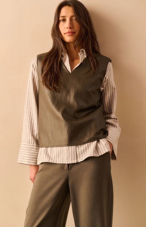 Faux Leather Sleeves Vest With Shoulder Pads